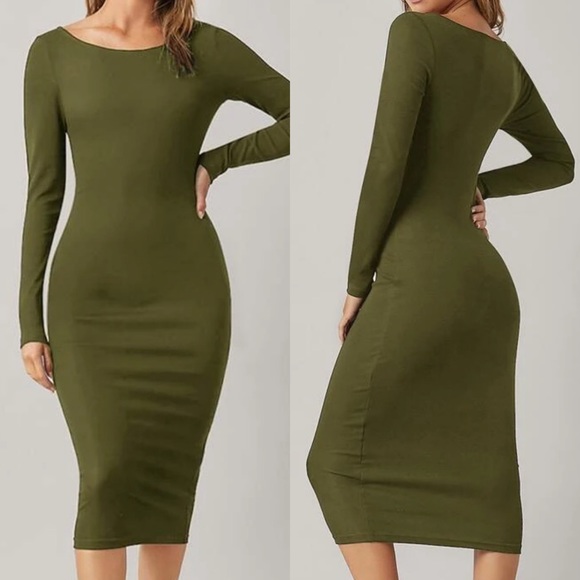 Long sleeve boat neck fitted midi dress red - Picture 3 of 4